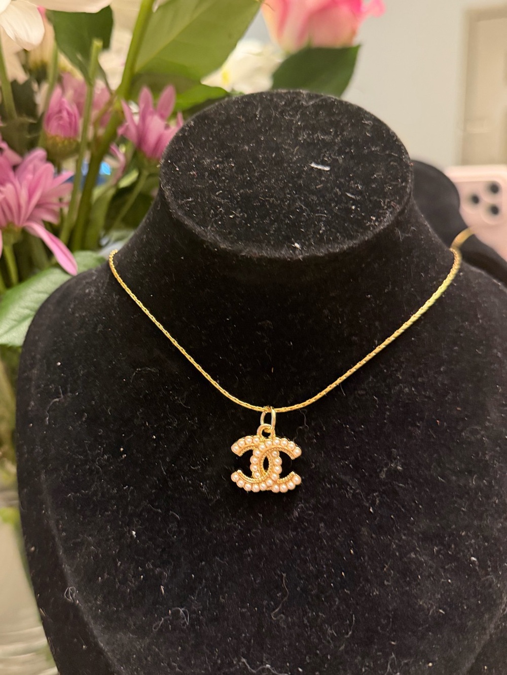Cc gold and pearl charm necklace